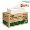 OneTouch Essential V-Fold Hand Towels box and stack, 1-Ply White Recycled paper towels, 5088 sheets per case, eco-friendly hand drying solution.