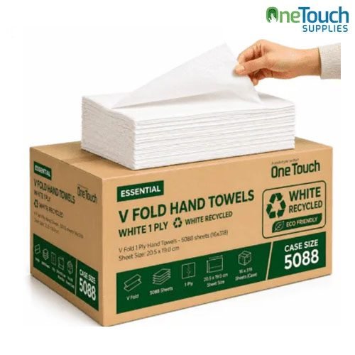 OneTouch Essential V-Fold Hand Towels box and stack, 1-Ply White Recycled paper towels, 5088 sheets per case, eco-friendly hand drying solution.