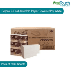 Selpak 2-ply white Z-Fold/Interfold paper towels, 2400 sheets per box, perfect for hygienic hand drying in offices, kitchens, and restrooms.