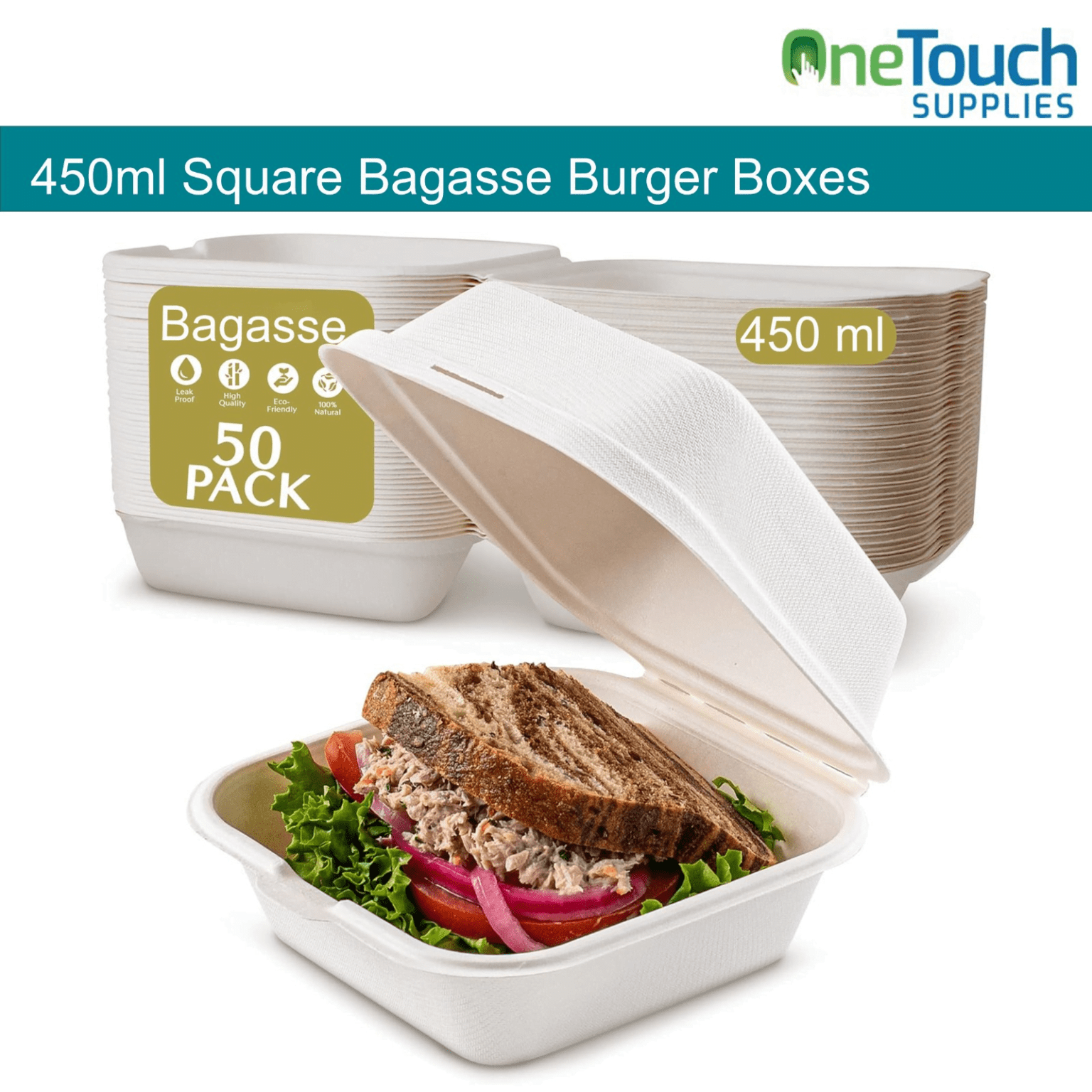 EcoChoice 450ml Square Bagasse Burger Boxes - Pack of 50 - One Touch ...